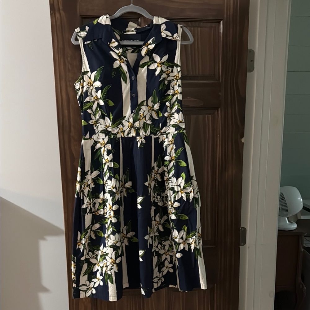 SAMANTHA SUNG Blue and White Sleeveless A-Line Midi Dress 8